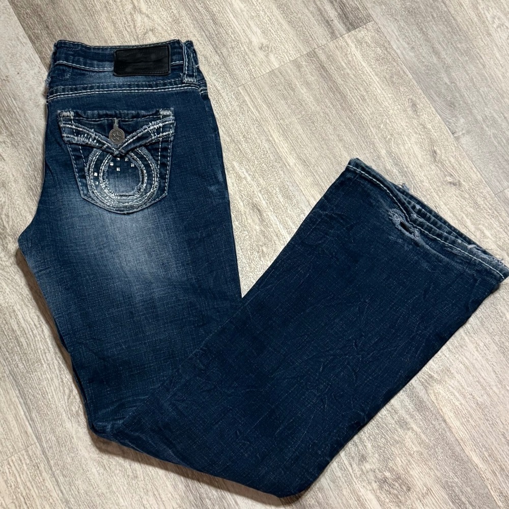 Big Star Maddie Jeans Women Flare Bootcut Dark Wash Size 27R Embellished Pockets